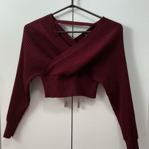 Windsor Off-the-Shoulder Ribbed Cropped Sweater - Burgundy